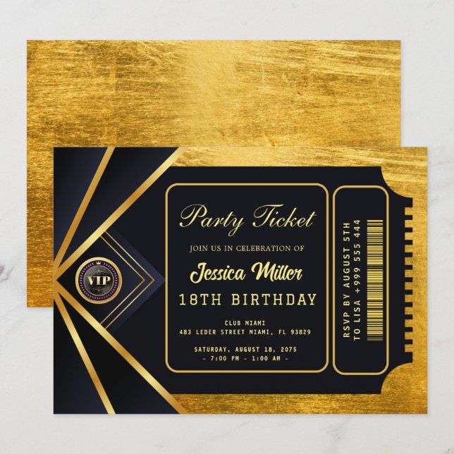 Convite de Bilhete de Festa Dourado (Frente/Verso)