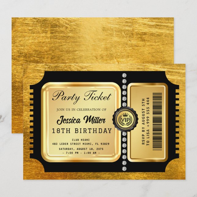 Convite de Bilhete de Festa Dourado (Frente/Verso)