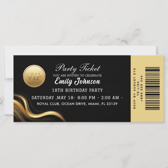 Convite de Bilhete de Festa Elegante Dourado (Frente)