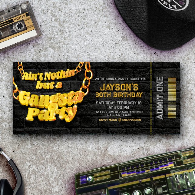 Convite de Bilhete de Festa - Tema Hiphop Gangsta  (Gangsta Party - Hiphop Theme Ticket Invitation)
