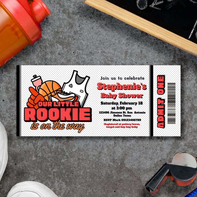 Convite de Bilhete de Ida para o Nosso Pequeno Nov (Our Little Rookie is on the Way Ticket Invitation - Basketball Themed)