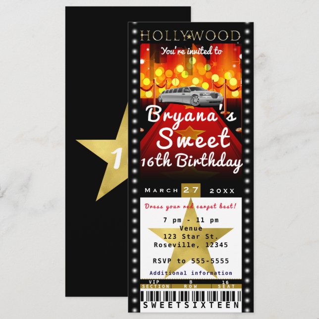 Convite de Bilhete para Festa VIP do Tapete Vermel (Frente/Verso)