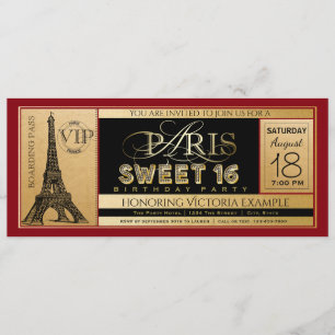 Convite de Bilhete Paris Sweet 16 Vermelho Preto D