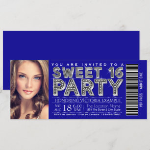 Convite de Bilhete Sweet 16 Azul Real Prata