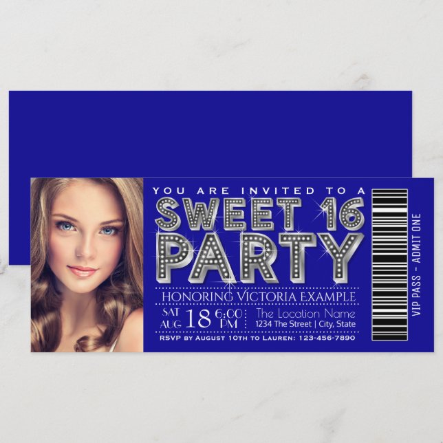Convite de Bilhete Sweet 16 Azul Royal Prata (Frente/Verso)