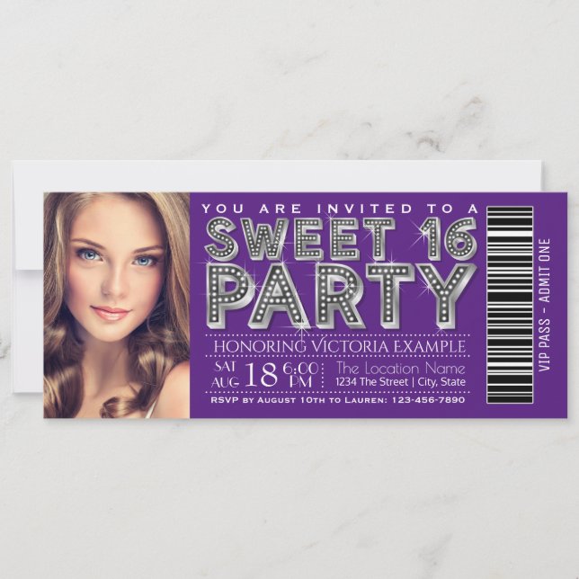 Convite de Bilhete Sweet 16 Doce Roxo Prata (Frente)