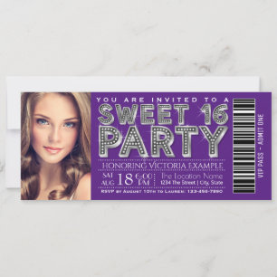 Convite de Bilhete Sweet 16 Doce Roxo Prata
