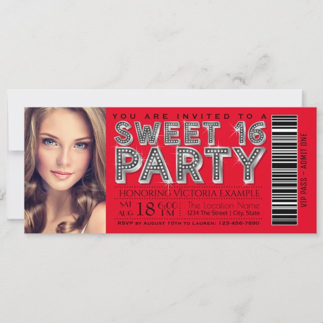 Convite de Bilhete Sweet 16 Vermelho Preto (Frente)