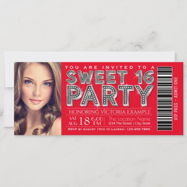 Convite de Bilhete Vermelho Prata Sweet 16 (Frente)