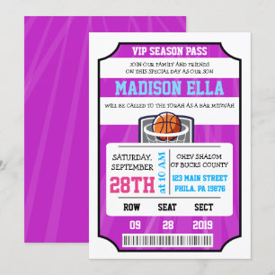 CONVITE DE BILHETE VIP DE BASQUETE Bar Bat Mitzvah