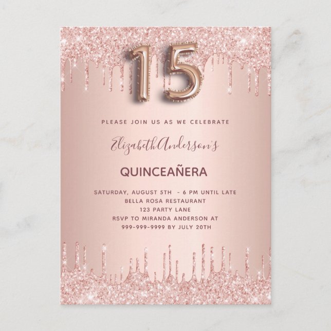 Convite de blush dourado rosa para Quinceanera (Frente)