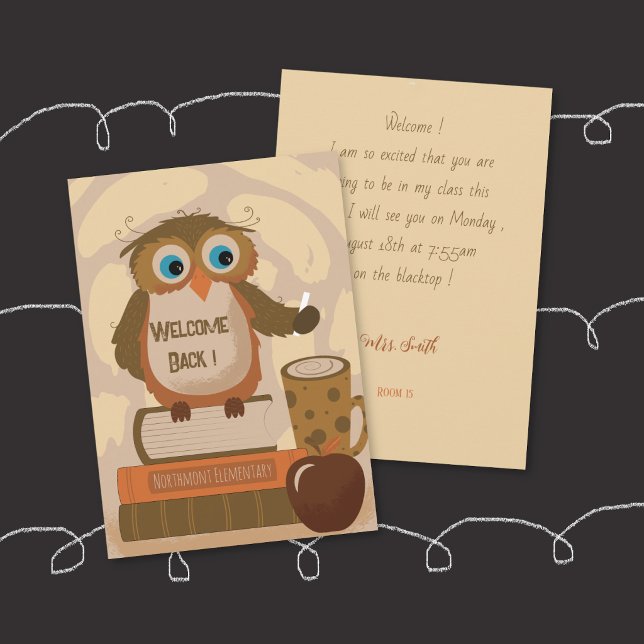 Convite de Boas-Vindas Professor Coruja Marrom (Welcome Back Brown Owl Teacher Invitation (printed version) .)