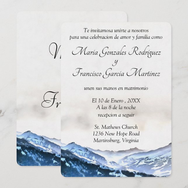 Convite de Boda Acuarela Montaña Brumosa Azul (Frente/Verso)