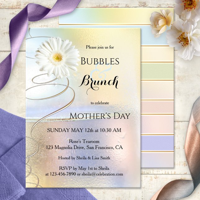 Convite de Bolhas de Celebração da Primavera e Bru (Elegant Bubbles & Brunch invitation featuring festive swirls and a daisy flower)