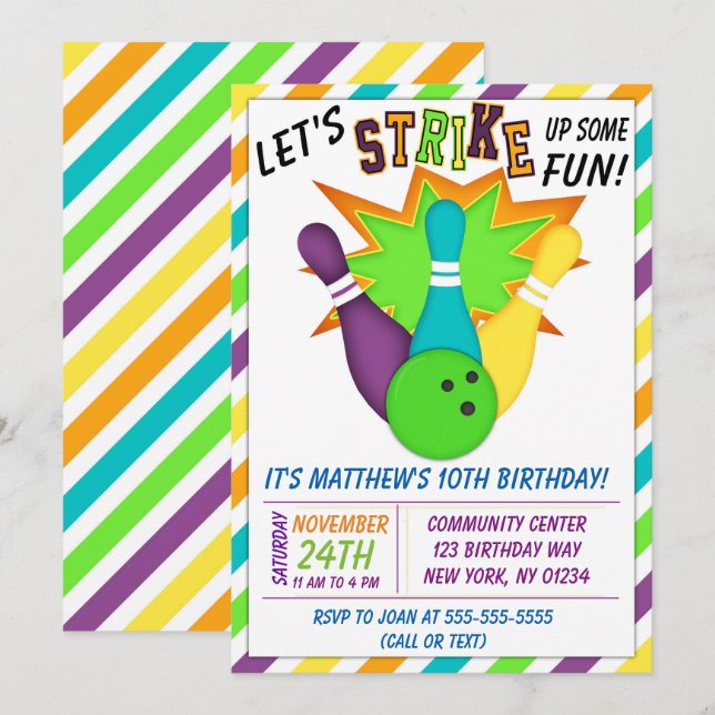 Convite de Boliche para Festa de Aniversário de Me (Frente/Verso)
