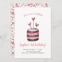 Convite De Bolo De Aniversário De Coração Rosa