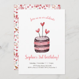 Convite De Bolo De Aniversário De Coração Rosa