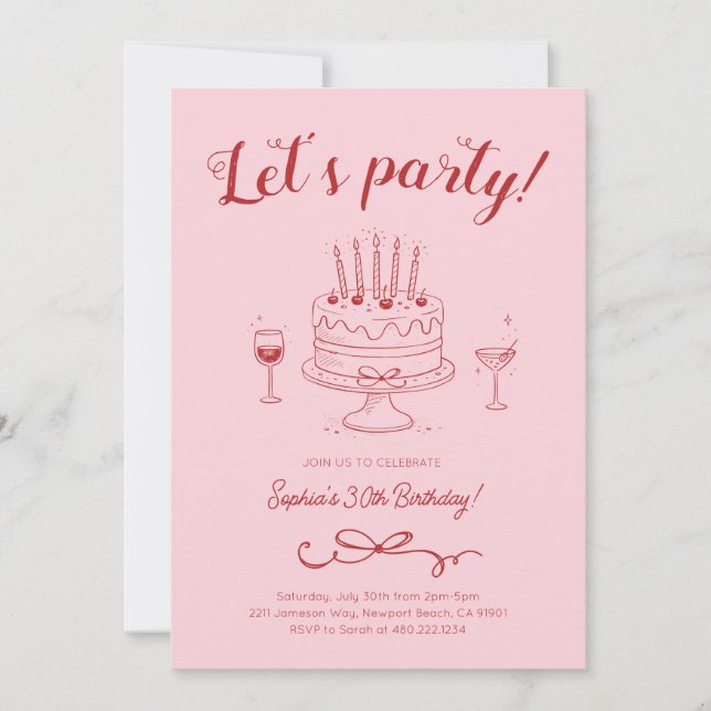Convite de Bolo de Aniversário Rosa Cereja Vermelh (Frente)