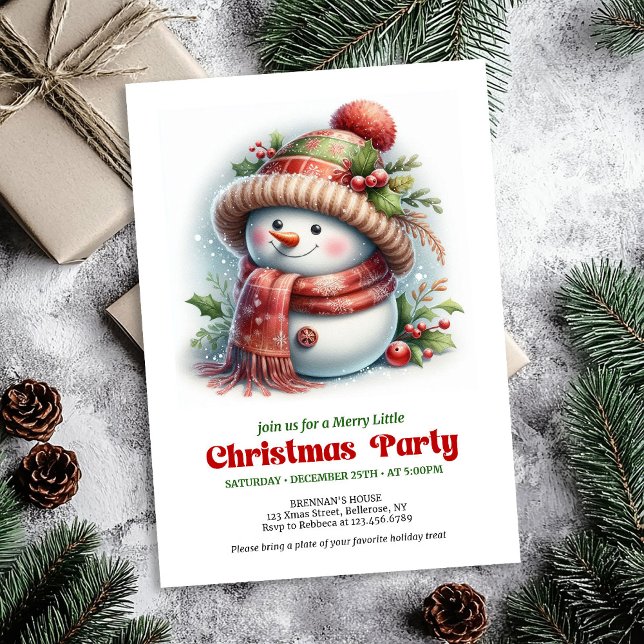 Convite de boneco de neve engraçado e quente para  (Warm funny snowman invitation printable red green artwork

)