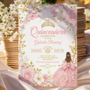 Convite de Borboleta Dourada Quinceañera Rosa Cora