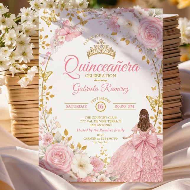 Convite de Borboleta Dourada Quinceañera Rosa Cora (Criador carregado)