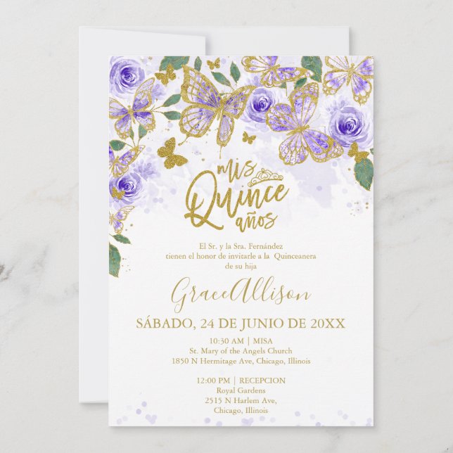 Convite de Borboleta Quinceanera Bilíngue  (Verso)