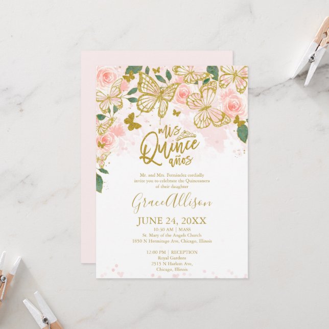 Convite de Borboleta Quinceanera Redação em Inglês (Frente/Verso In Situ)