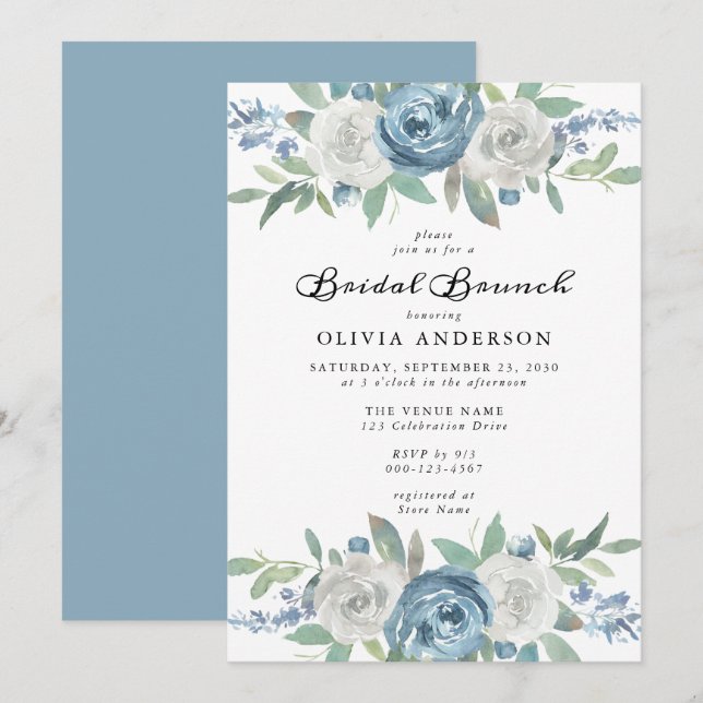 Convite de Brida Floral Brida Dusty Blue & White (Frente/Verso)
