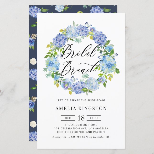 Convite de Bridal de Hydrangea Wreath Azul (Frente/Verso)