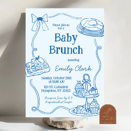 Convite de Brunch Azul para Bebê com Desenhos à Mã