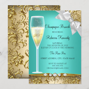 Convite de Brunch Champagne Bege Dourado Azul-Eleg