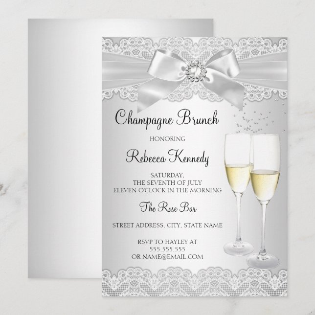 Convite de Brunch Champagne com Renda Branca Elega (Frente/Verso)