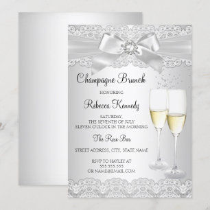 Convite de Brunch Champagne com Renda Branca Elega