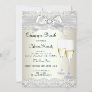 Convite de Brunch Champagne com Renda Branca Elega