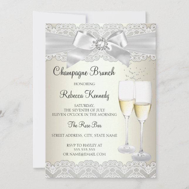 Convite de Brunch Champagne com Renda Branca em Ou (Frente)