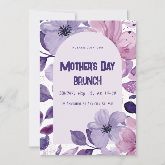 Convite de Brunch com Aquarela Floral Roxa (Frente)