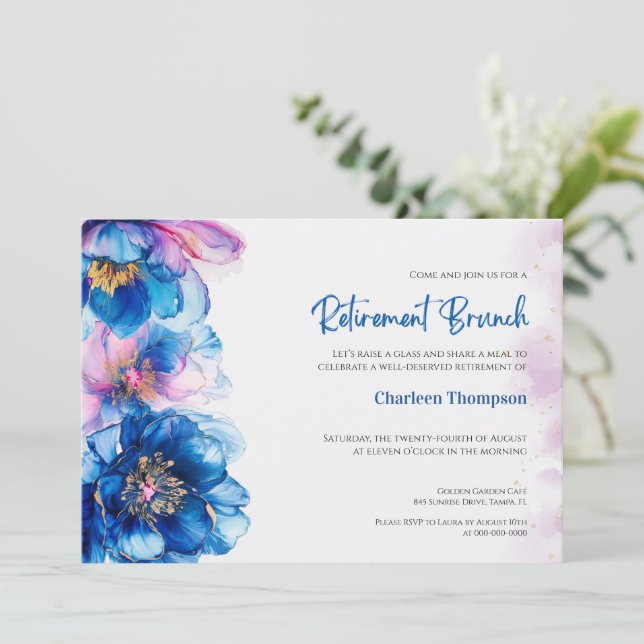 Convite de Brunch de Aposentadoria Floral Azul (Em pé/Frente)