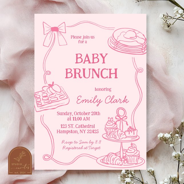 Convite de Brunch de Bebê Rosa com Desenhos à Mão (Criador carregado)