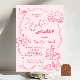 Convite de Brunch de Bebê Rosa com Desenhos à Mão