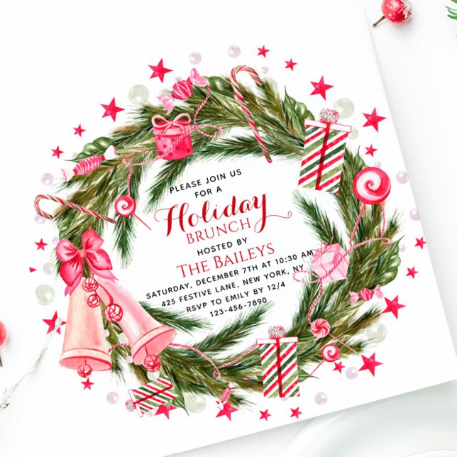 Convite de Brunch de Natal com Coroa de Natal Rosa (Criador carregado)