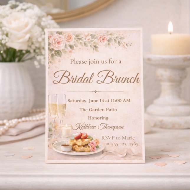 Convite de Brunch de Noiva com Champanhe (Garden bridal brunch with champagne, waffles, and soft floral accents)