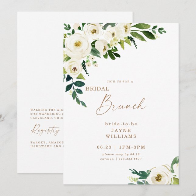 Convite de Brunch de Noiva Floral Branco (Frente/Verso)