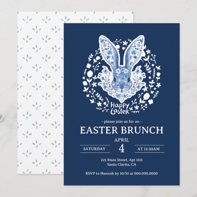 Convite de Brunch de Páscoa Coelho Chinoiserie Azu (Frente/Verso)