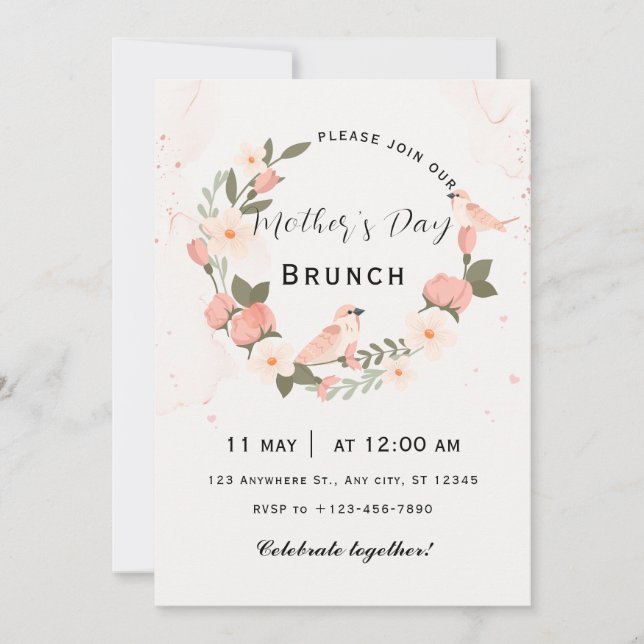 Convite de Brunch do Dia das Mães Bege Rosa (Frente)