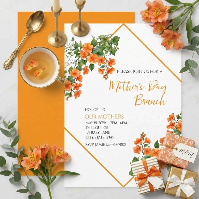 Convite de Brunch do Dia das Mães Floral Laranja (Criador carregado)