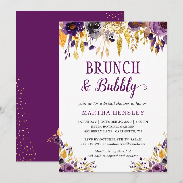 Convite de Brunch e Espumante com Floral Roxa (Frente/Verso)