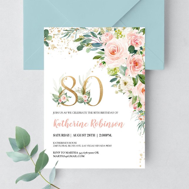 Convite de Brunch Elegante Floral para 80º Anivers (Criador carregado)
