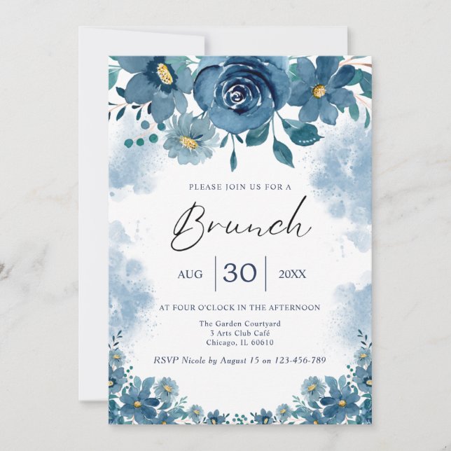 Convite de Brunch Floral Fumaça Azul Marinho (Frente)
