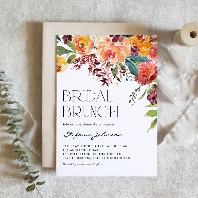Convite de Brunch Nupcial com Código QR de Buquê F (Customizable QR code bridal brunch invitation featuring beautiful watercolor autumn flowers.)