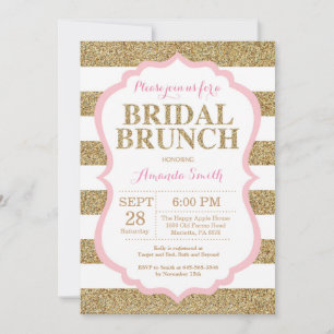 Convite de Brunch Nupcial Rosa e Dourado com Brilh